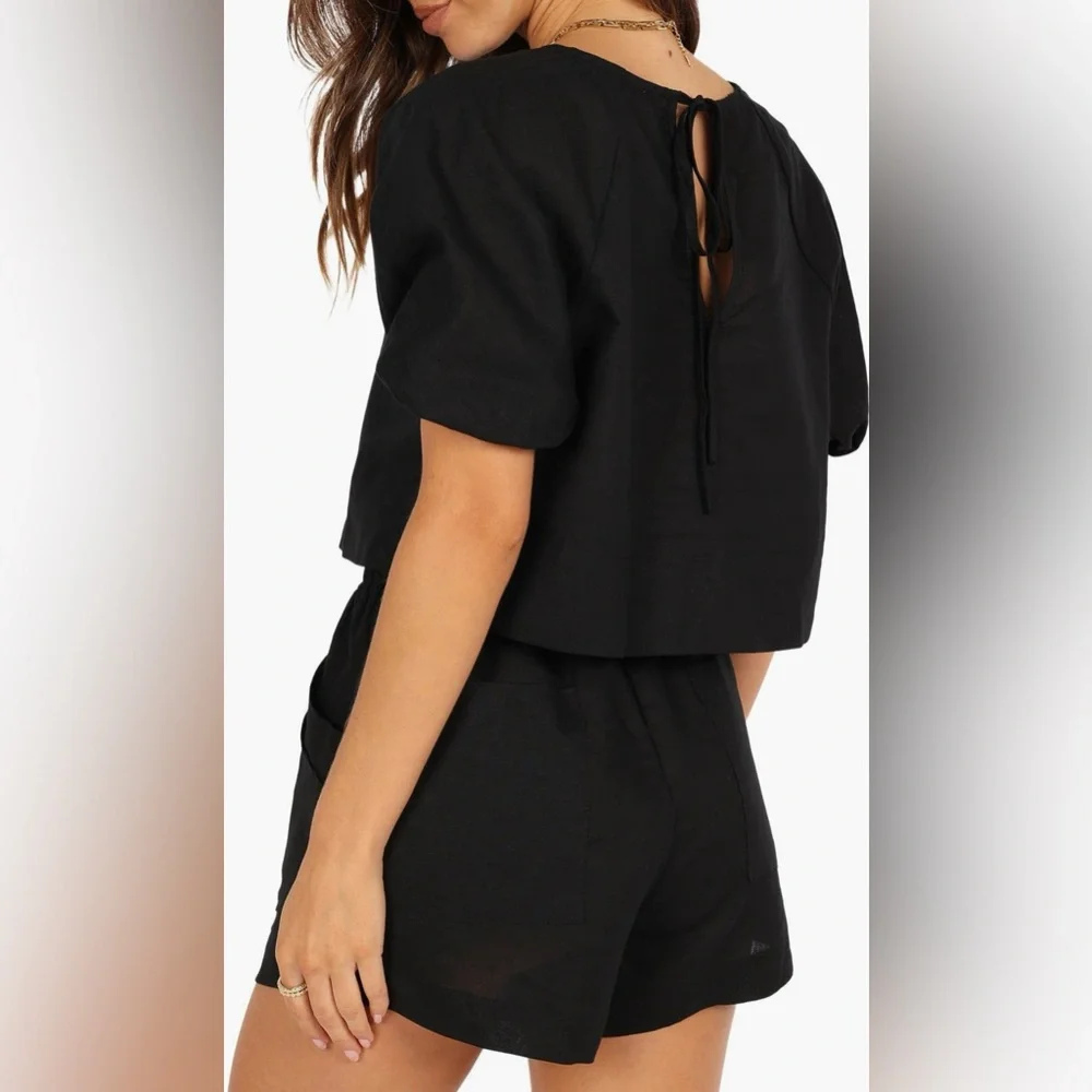 Petal & Pup Chelsey Linen Shirt & Shorts 2 Piece Set Black Women's Size 2 NWT